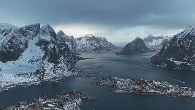 Aerial view of Reinebringen mountains Norway.