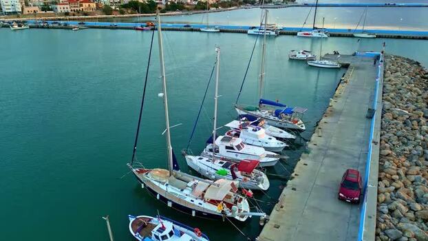 Aerial view of sailboats docked at a harbor in Crete Greece.