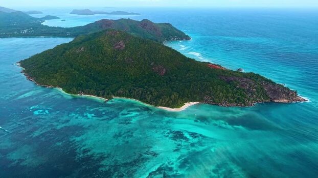 Aerial view of Praslin island and turquoise waters Seychelles.