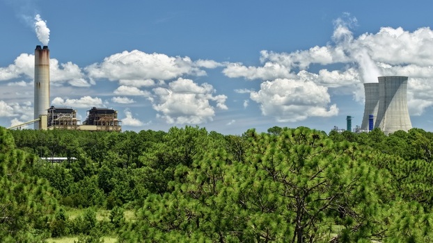 Aerial view of the Seminole Electric Cooperative power plant with cooling towers and smokestacks emitting steam surrounded by green pine forests in Palatka Florida United States.