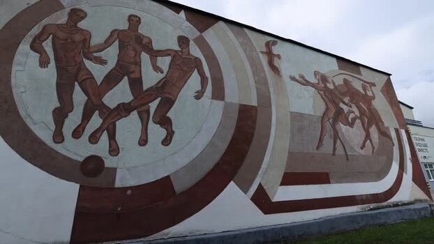 View of Soviet style mural in Kaliningrad Russia.