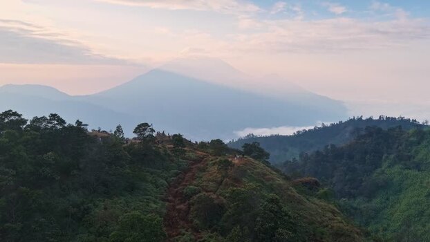 Aerial view of Golden Sunrise Sikunir and lush hills Indonesia. Aerial view of Golden Sunrise Sikunir and lush hills Indonesia.