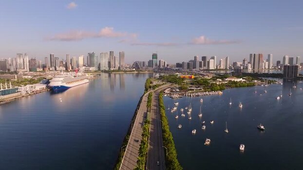 Aerial view of MacArthur Causeway with boats United States.