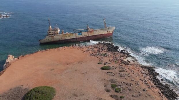 Aerial view of Edro III shipwreck near the coast of Cyprus.