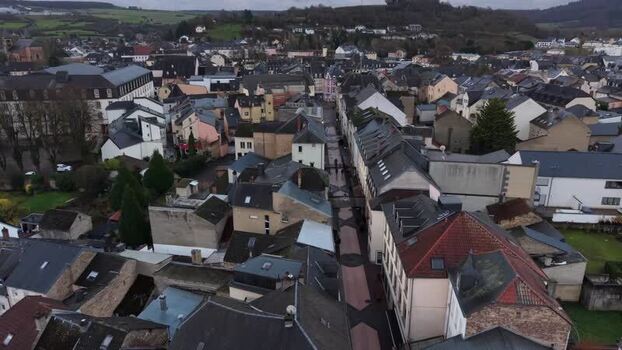 Aerial view of Echternach town rooftops and streets Luxembourg.