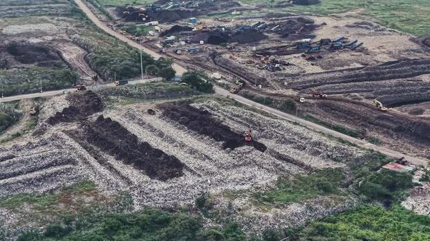 Aerial view of waste recycling facility with heavy machinery India. Aerial view of waste recycling facility with heavy machinery India.