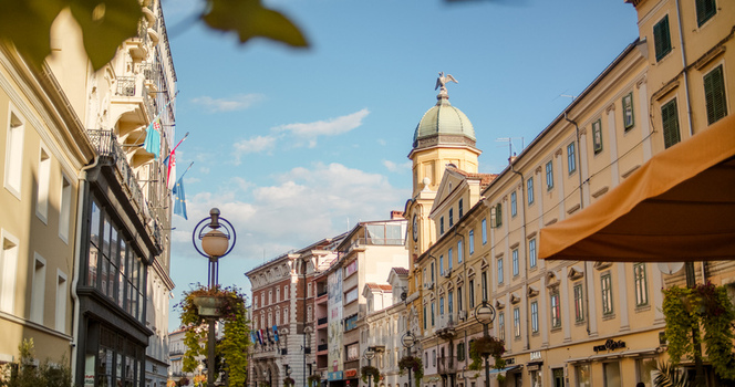 Rijeka Primorje Gorski Kotar Croatia 19 September 2026 View of the historic Korzo street with its elegant architecture clock tower and street lamps under a clear blue sky. Rijeka Primorje Gorski Kotar Croatia 19 September 2026 View of the historic Korzo street with its elegant architecture clock tower and street lamps under a clear blue sky.
