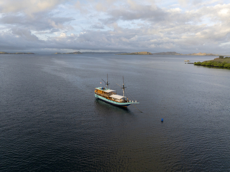 Aerial view of a traditional wooden phinisi boat anchored in the calm blue waters near the coast of Komodo Island Komodo East Nusa Tenggara Indonesia.