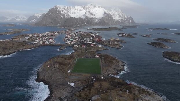 Aerial view of Henningsvaer soccer field in Lofoten Norway.