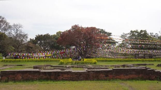 View of ancient ruins and prayer flags in Lumbini Nepal.