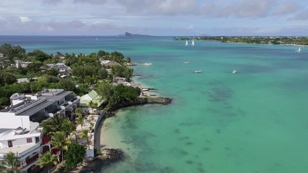 Aerial view of Grand Baie Public Beach in Mauritius.