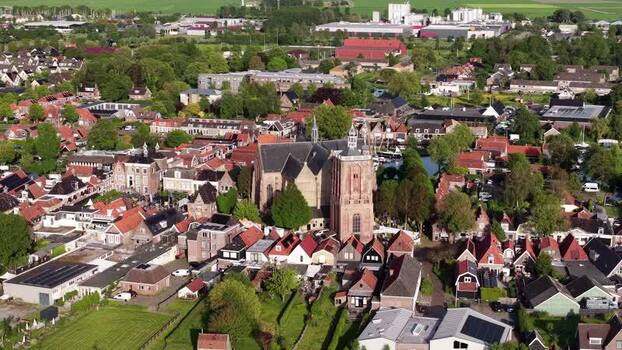 Aerial view of Sint Gertrudiskerk and houses in Workum Netherlands.