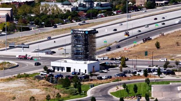 Aerial view of Carvana vertical sales showroom in Lehi United States.