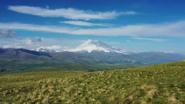 Aerial view of Bermamyt plateau and Mount Elbrus Russia.