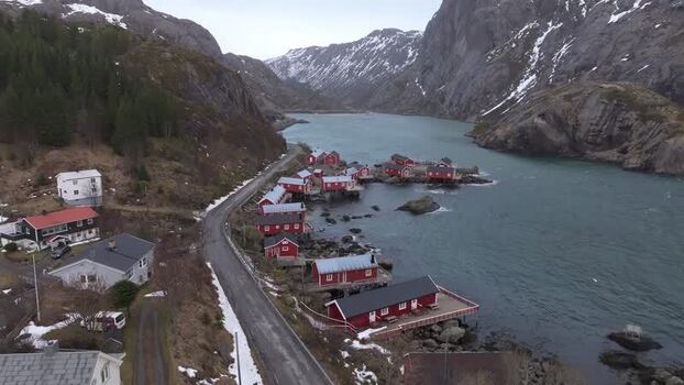 Aerial view of Lofoten fishing village in Vagan Municipality Norway.