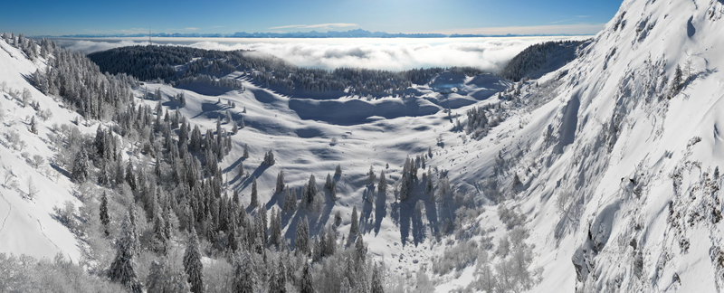 Aerial view of a pristine snow covered valley descends into a soft misty abyss with frosted trees casting long shadows Gingins Vaud Switzerland.