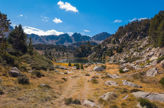 Aerial view of Llac de pessons surrounded by rocky mountain slopes alpine vegetation and clear blue sky in Grau Roig Encamp Andorra. Aerial view of Llac de pessons surrounded by rocky mountain slopes alpine vegetation and clear blue sky in Grau Roig Encamp Andorra.