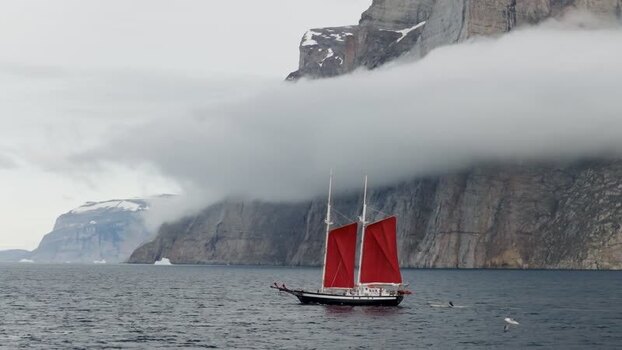 Aerial view of sailboat near Storoen Greenland. Aerial view of sailboat near Storoen Greenland.