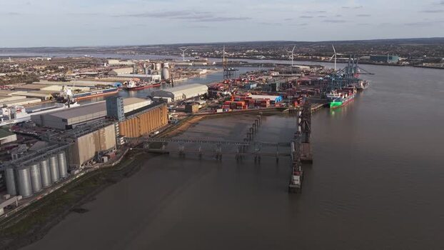 Aerial view of Tilbury Docks and shipping port United Kingdom.
