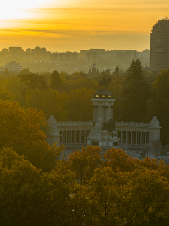 Aerial view of the Monument to Alfonso XII in El Retiro Park surrounded by autumn trees during golden hour in Madrid Community of Madrid Spain.