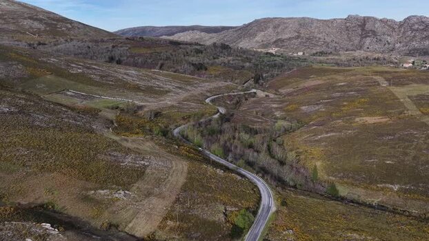 Aerial view of winding road through mountains Portugal. Aerial view of winding road through mountains Portugal.