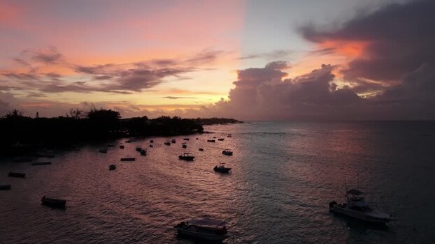 Aerial view of boats at Cap Malheureux sunset Mauritius.
