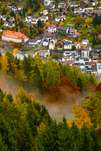 View of the Black Forest with autumn foliage and mist overlooking traditional houses in Offenburg Baden Wurttemberg Germany. View of the Black Forest with autumn foliage and mist overlooking traditional houses in Offenburg Baden Wurttemberg Germany.