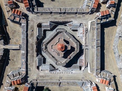 Elvas Portugal 10 September 2026 Aerial view of the star shaped Forte de Nossa Senhora da Graca with its symmetrical bastions stone walls and central building with a red tiled roof. Elvas Portugal 10 September 2026 Aerial view of the star shaped Forte de Nossa Senhora da Graca with its symmetrical bastions stone walls and central building with a red tiled roof.