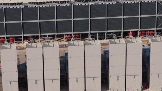 Aerial view of Kao Data cooling towers in United Kingdom.