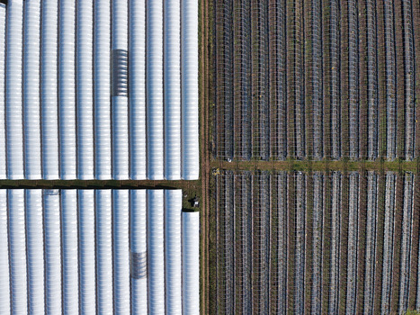 Aerial view of stark contrasts as sunlight gleams off the pristine white roofs of industrial buildings juxtaposed against aged weathered structures Stafford England United Kingdom. Aerial view of stark contrasts as sunlight gleams off the pristine white roofs of industrial buildings juxtaposed against aged weathered structures Stafford England United Kingdom.