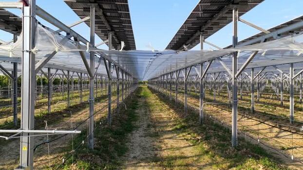 Aerial view of agrivoltaic system in Faenza Italy.