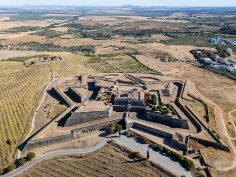 Elvas Portugal 10 September 2026 Aerial view of Forte de Santa Luzia a star shaped historic fortification surrounded by dry fields and rural landscape. Elvas Portugal 10 September 2026 Aerial view of Forte de Santa Luzia a star shaped historic fortification surrounded by dry fields and rural landscape.