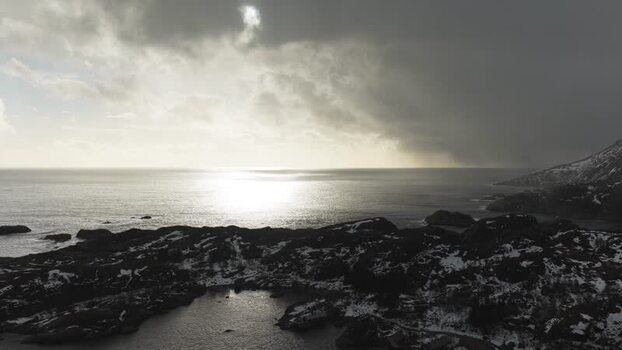 Aerial view of Nusfjordveien coastline Norway.
