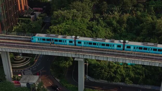 Aerial view of MRT Jakarta train on elevated tracks Indonesia.