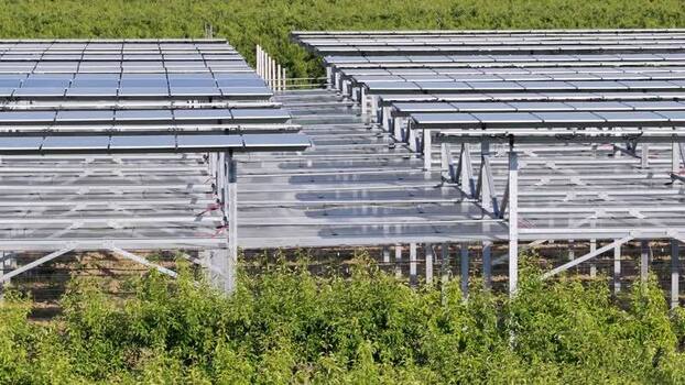 Aerial view of agrivoltaic solar panels in Faenza Italy.