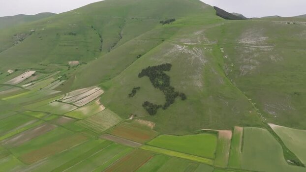 Aerial view of Italy shaped forest on hillside in Castelluccio Italy.