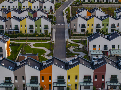 Aerial view of Residential Park Lozen with colorful modern townhouses manicured green lawns and paved walkways in Sofia Sofia City Province Bulgaria. Aerial view of Residential Park Lozen with colorful modern townhouses manicured green lawns and paved walkways in Sofia Sofia City Province Bulgaria.