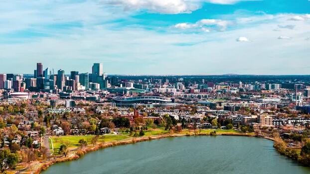 Aerial view of Denver skyline and Sloan Lake United States.