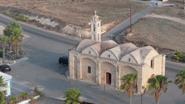 Aerial view of historic stone church in Famagusta Northern Cyprus.