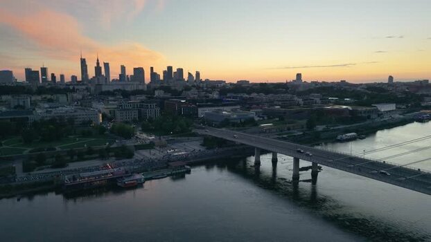 Aerial view of Warsaw skyline at sunset Poland.