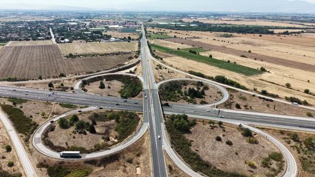 Aerial view of Trakiya Highway interchange Bulgaria.