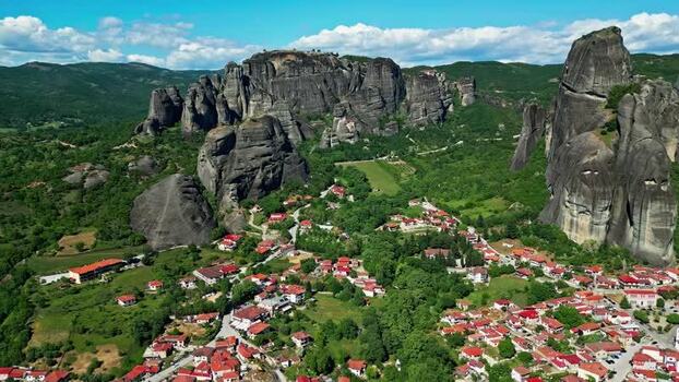 Aerial view of Meteora rock formations and village Greece.