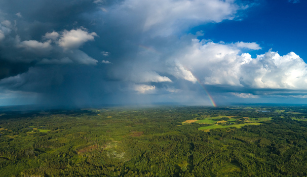 Aerial view of a vast green landscape with dense forests and agricultural fields under a dramatic stormy sky featuring a vibrant rainbow in Latvia. Aerial view of a vast green landscape with dense forests and agricultural fields under a dramatic stormy sky featuring a vibrant rainbow in Latvia.