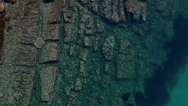 Aerial view of rocky coastline in Moraira Spain.