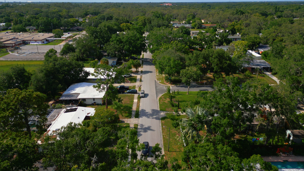 Aerial view of a residential neighborhood with lush green trees suburban houses and a quiet street in Tampa Florida United States. Aerial view of a residential neighborhood with lush green trees suburban houses and a quiet street in Tampa Florida United States.