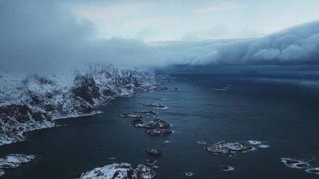 Aerial view of Henningsv&aelig;r islands Norway.