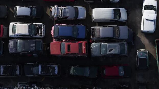 Aerial view of cars in a junkyard Portugal.