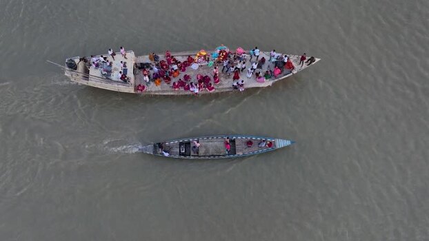 Aerial view of crowded boats on the river in Bogura Bangladesh.