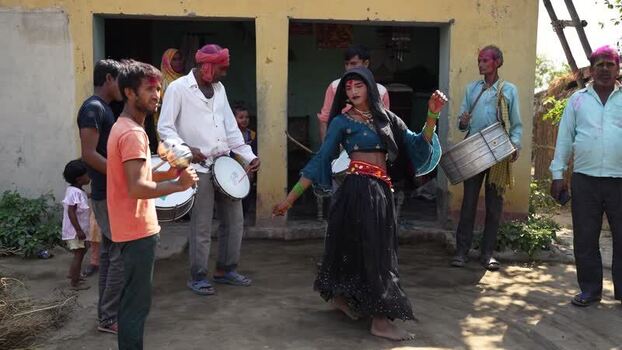 View of traditional dancers and musicians in a village Nepal.
