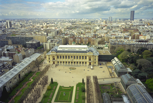 Aerial view of the Grande Galerie de l &Eacute;volution s beige facade contrasting with the green gardens and the sprawling cityscape beyond Paris &Icirc;le de France France.